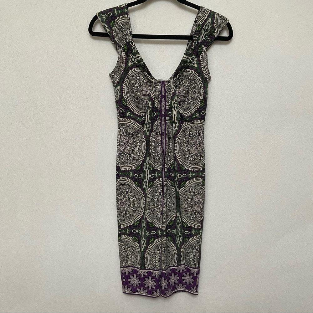 London Times Purple, Green Patterned Cap Sleeve Dress Size 2 Spring Summer